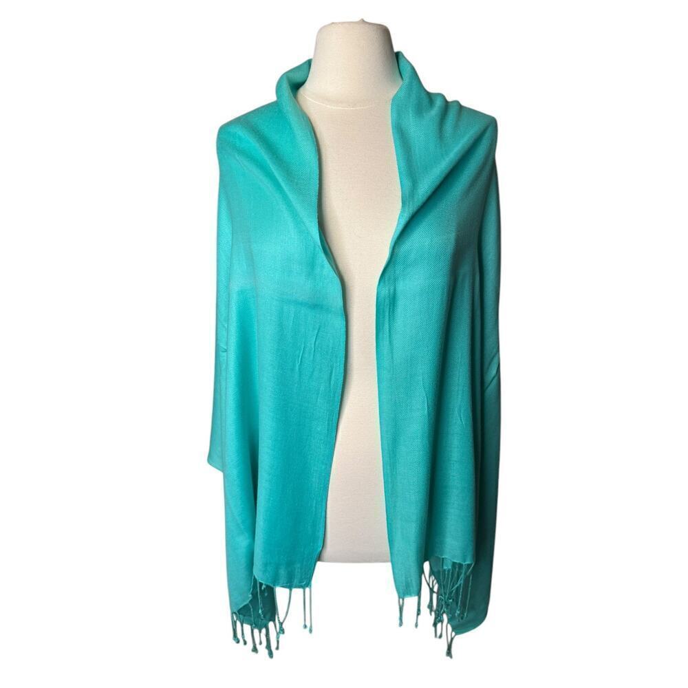 Teal Scarf Wrap Pashmina Fringed Edges 30”x80” Viscose Rectangle